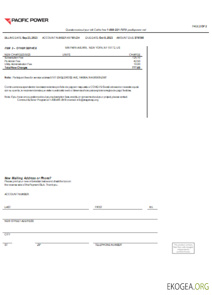 Facture commerciale du service public de Pacific Power, page 2, SCR